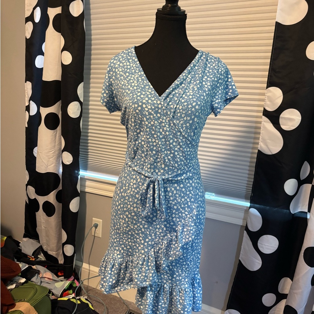 Rebel Sugar Blue and White Flutter Sleeve Wrap Dress